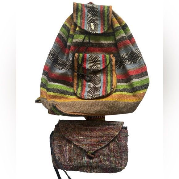 Unbranded Mexican Mochila Handwoven BOHO Hippie Multicolor Backpack W/ Wristlet - Picture 1 of 15